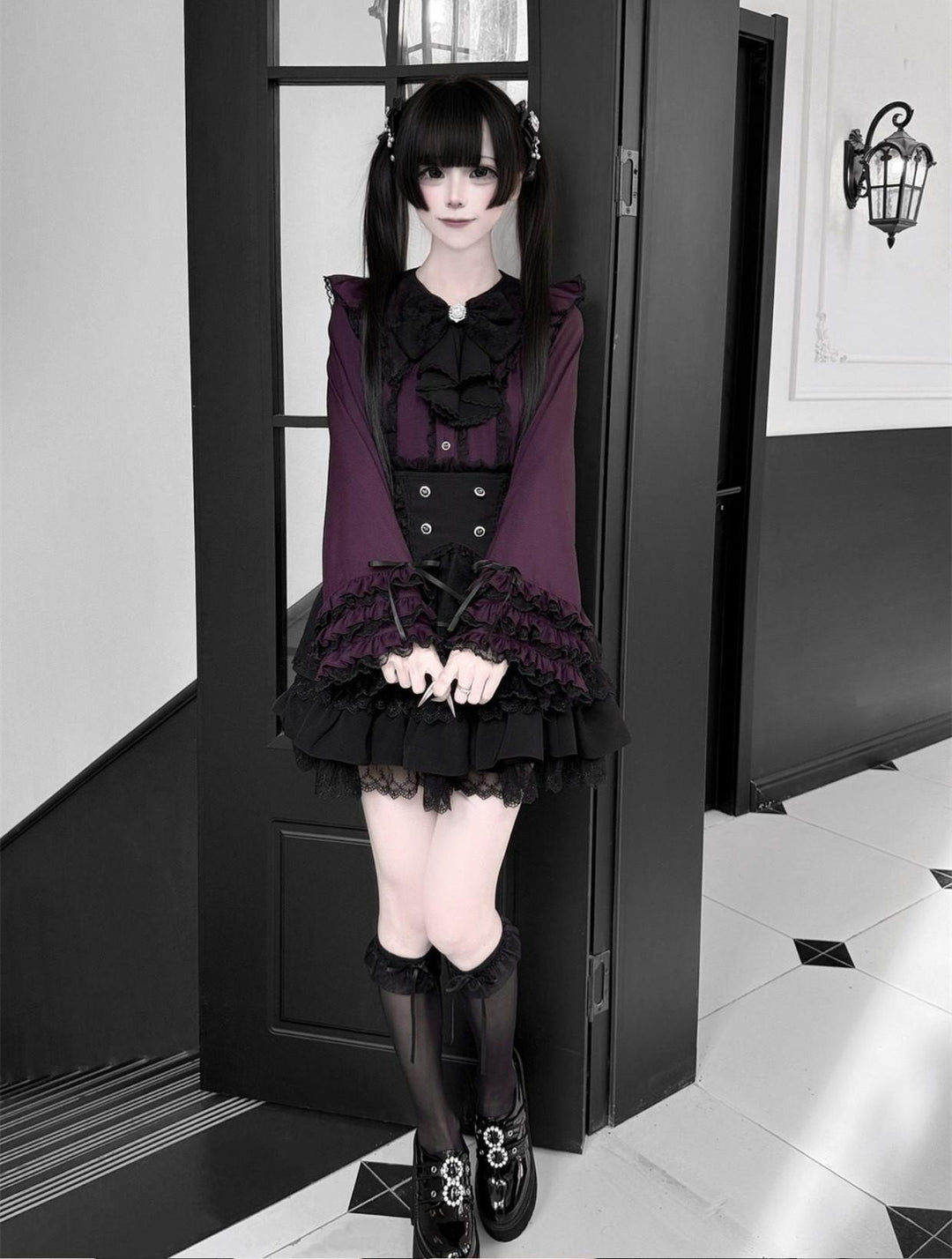 Jirai Kei Lace Blouse, High-Waist Tiered Skirt 44525:811452