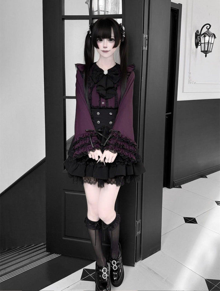 Jirai Kei Lace Blouse, High-Waist Tiered Skirt 44525:811452