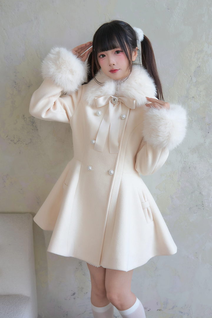 Jirai Kei Winter Coat Mid-length Coat Slim Fit Big Hem Coat 40570:674386