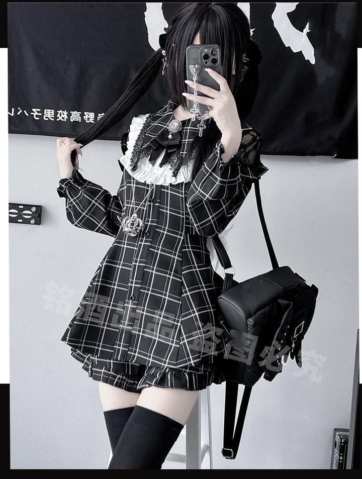 Jirai Kei Dress Set Black Plaid Dress With Puritan Collar 39506:635900