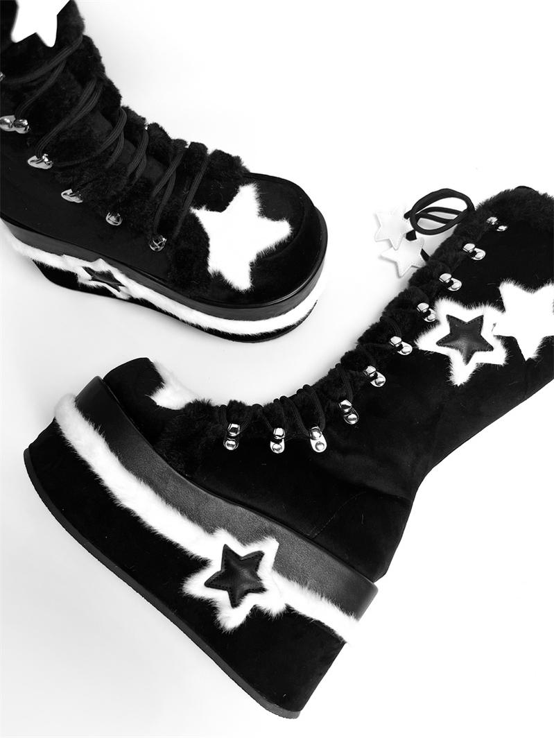 Y2K Platform Shoes Black Plush Combat Boots 33824:439604
