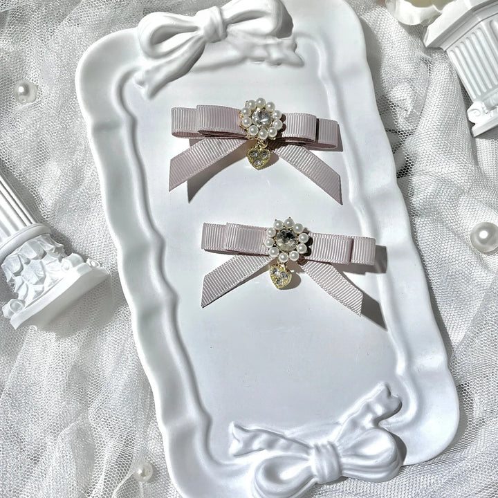 Jirai Kei Bow Hair Clips Set, Rhinestone & Pearl Accent 45776:866484