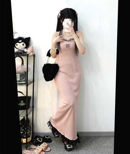Jirai Kei Dress Ryousangata Lace Slip Dress Long Version (Pink) 34412:459906