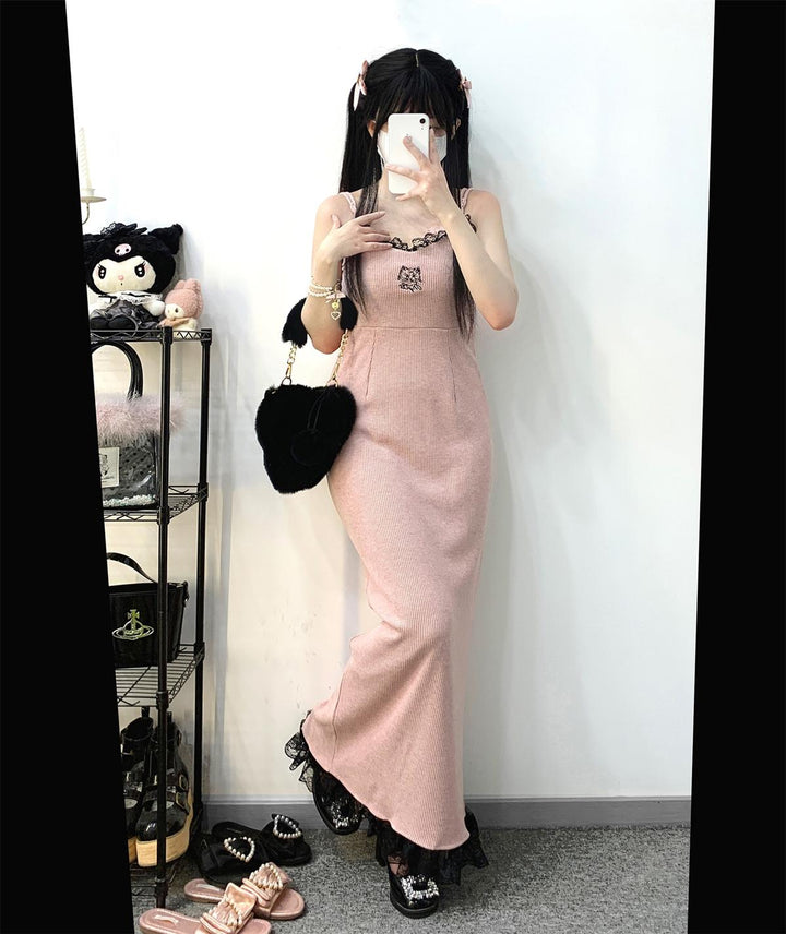 Jirai Kei Dress Ryousangata Lace Slip Dress Long Version (Pink) 34412:459906 (Pink) 34412:459906