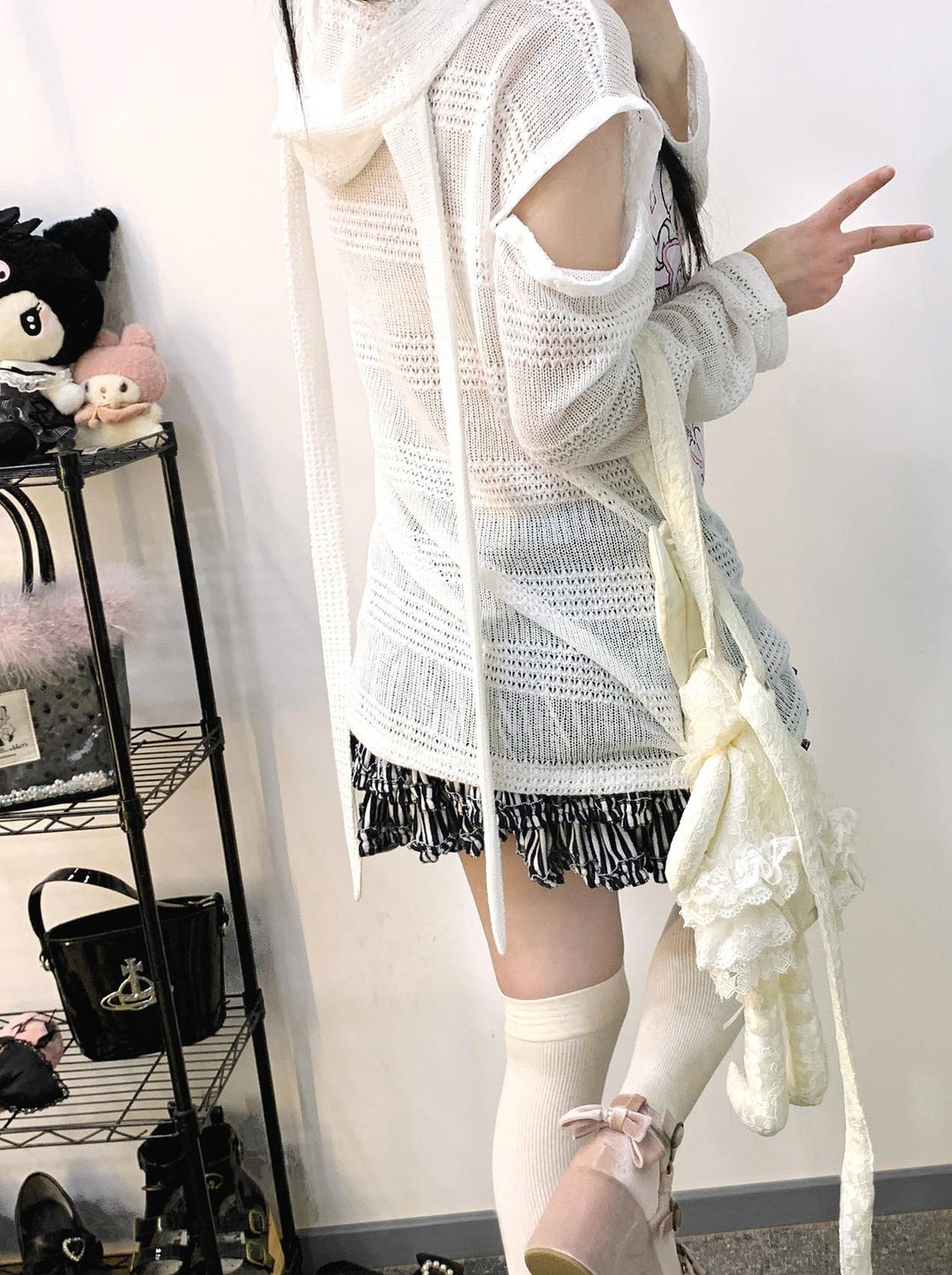 Jirai Kei Hoodie Open Shoulder Knitted Hollow Print Top 34408:460290 34408:460290