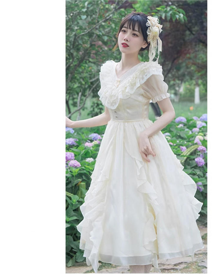 Classic Lolita Dress V-neck Lace Short Sleeve Daily Lolita Dress 37254:558006