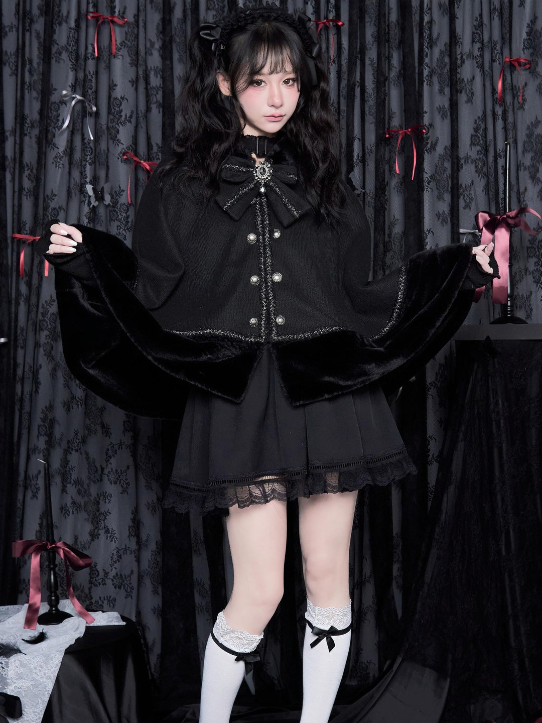 Jirai Kei Cloak Hood Cape Winter Coat Plush Hem 40394:669552