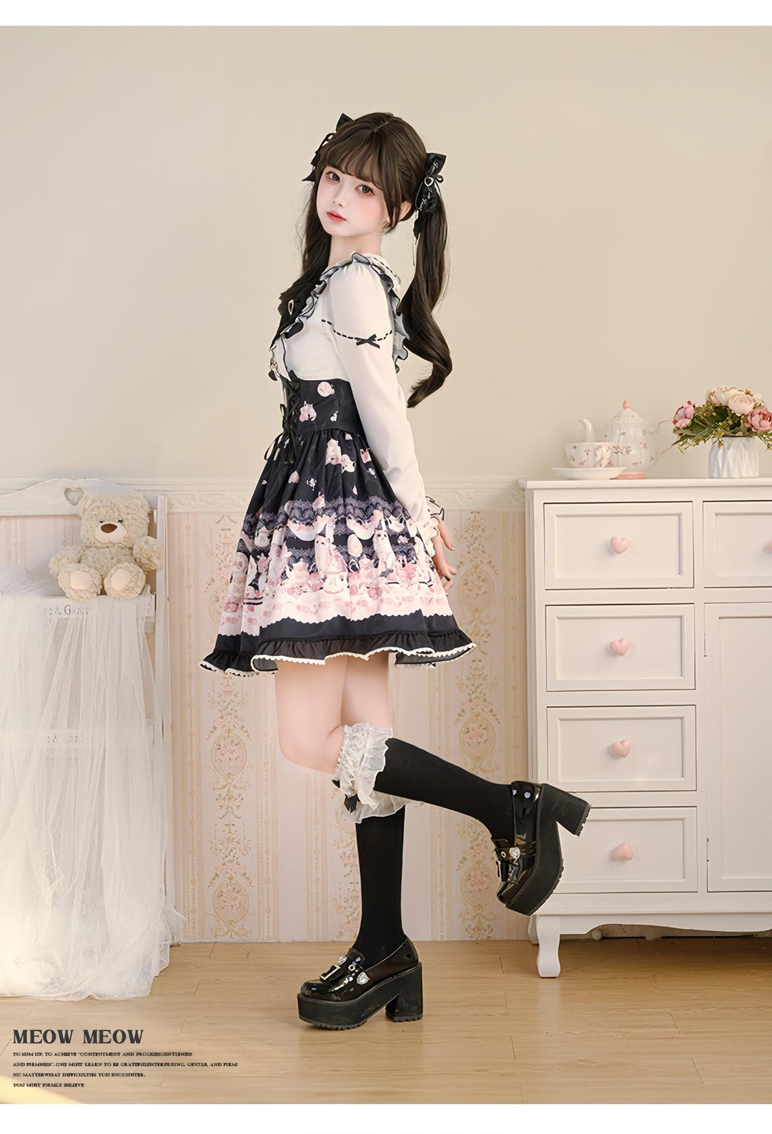 Kawaii Ryousangata Dress Long-sleeved Cat Printed OP Dress 40560:665186