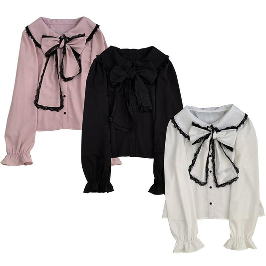 Jirai Kei Shirt Long-Sleeved Lace Butterfly Bow Tie Blouse 35256:485304