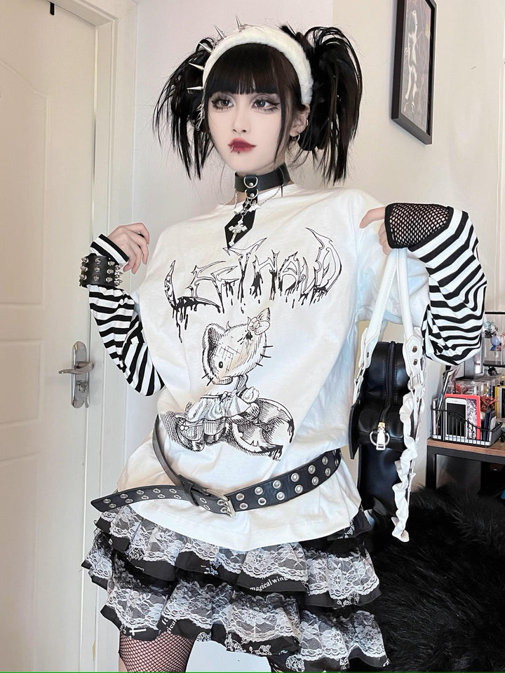 Punk Top Y2K Shirt False Two Striped Long Sleeve T-shirt 34484:538332 34484:538332