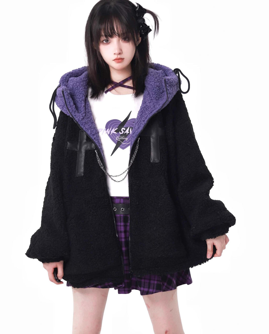 Jirai Kei Winter Coat Purple Black Outfit Sets Bear Ears Jacket 32572:421928 32572:421928