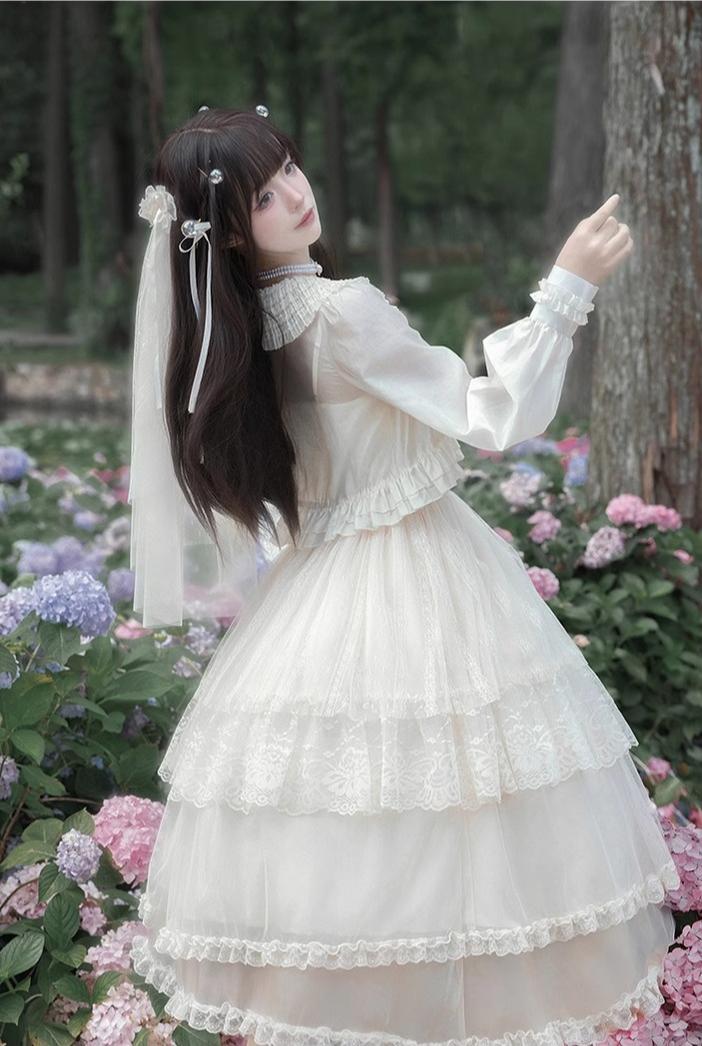 Classic Lolita Dress With Large Flounce Hem And Beige Puff Sleeves Shirt 38068:608746