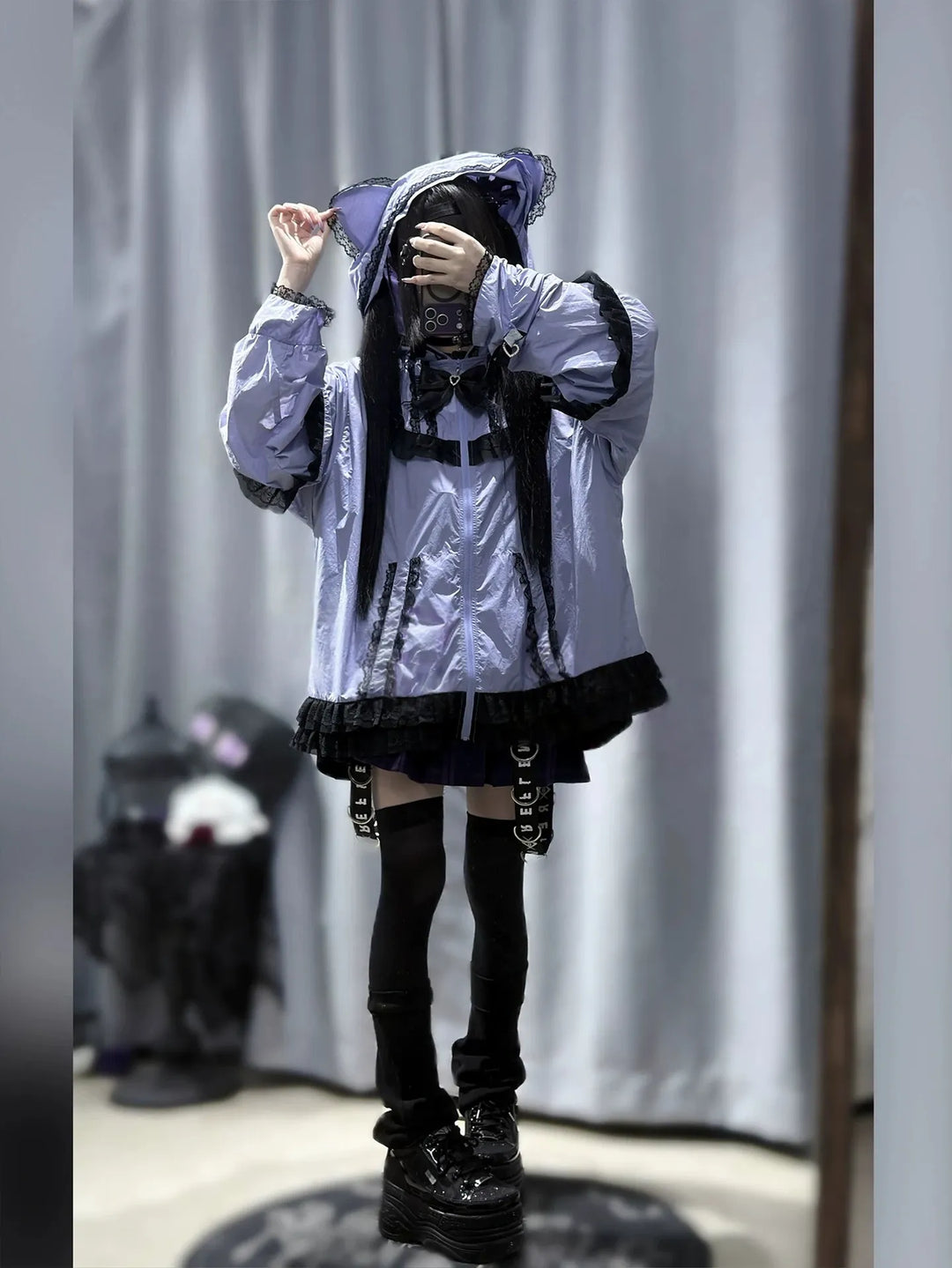 Jirai Kei Lace Trim Sun Protective Jacket, Cat-ear Hood 45652:857257