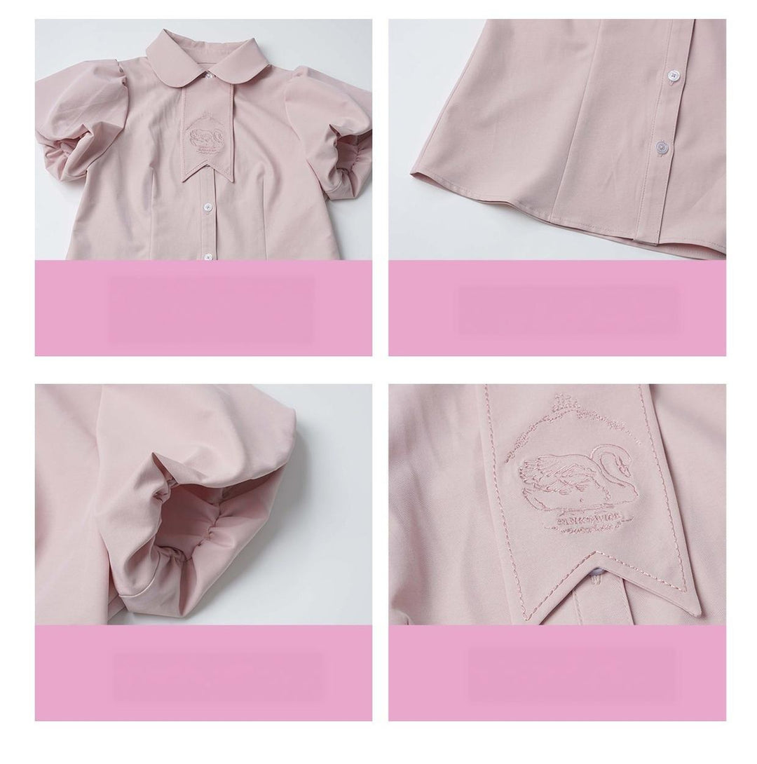 Academia Bubble Sleeve Blouse, Elastic Waist Suspender Skirt 45875:866434