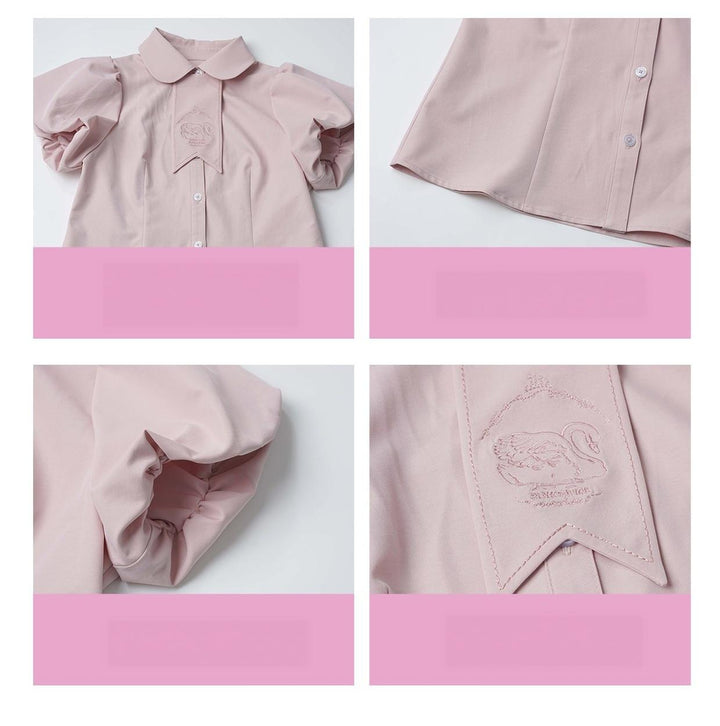 Academia Bubble Sleeve Blouse, Elastic Waist Suspender Skirt 45875:866434