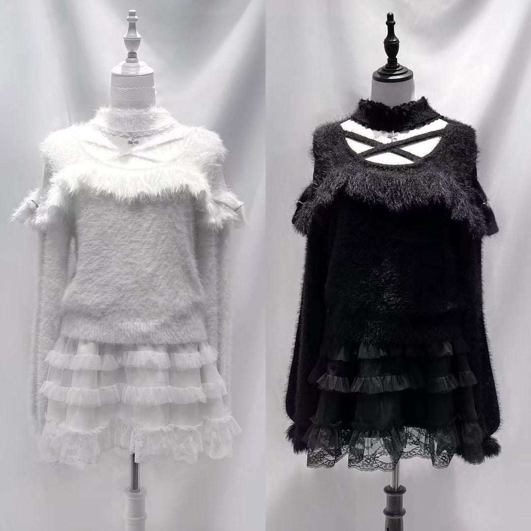 Jirai Kei Sweater Lace Halter Neckline Frill Sweater 40860:678698