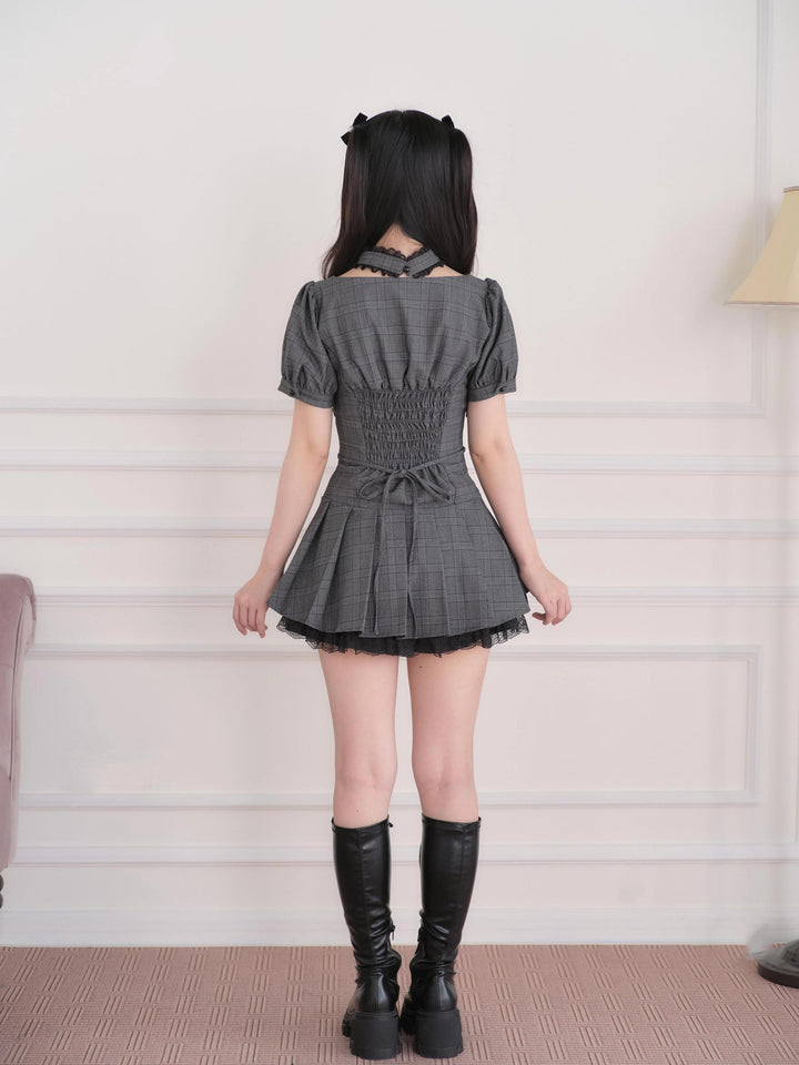 Jirai Kei Plaid Square Neckline Dress, Pleated Hem 45802:863776