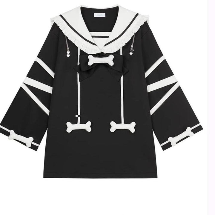 Jirai Kei Black White Dress Oversized Sailor Collar Dress 32016:383796 32016:383796