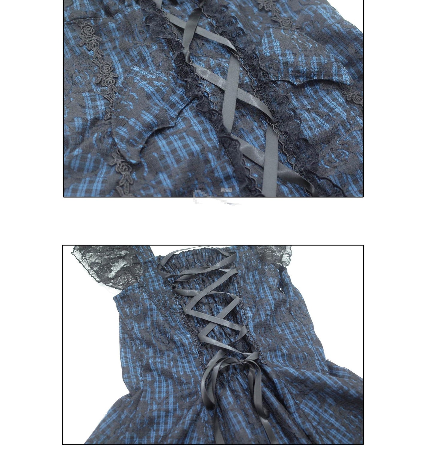 Jirai Kei Dress Set Blue Plaid Flying Sleeve Dress 35266:485324