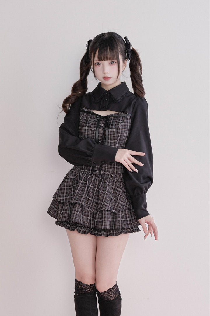 Jirai Kei Plaid Dress Set, Tiered Ruffles 44594:815619