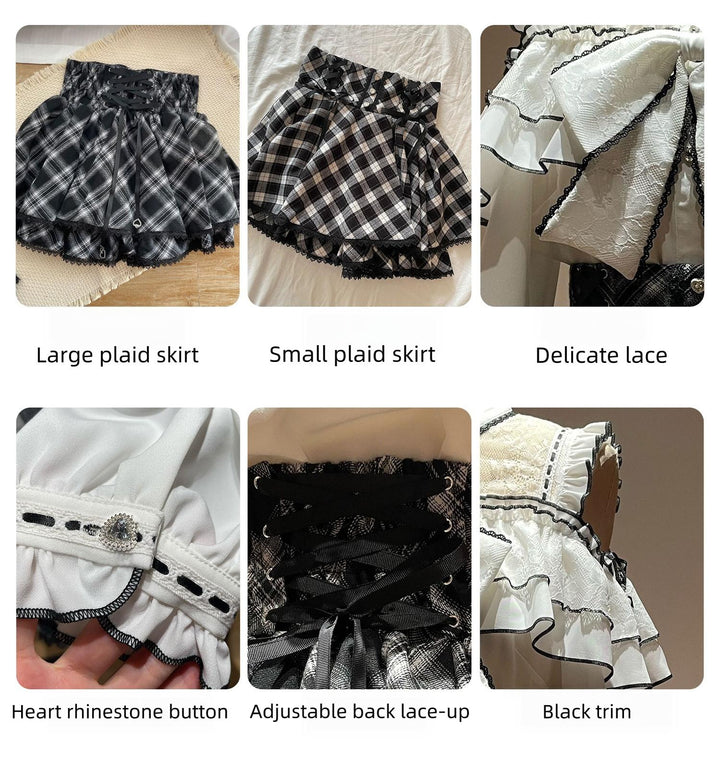 Jirai Kei Plaid Skirt, Ruffled Neckline Chiffon Blouse 45935:868744