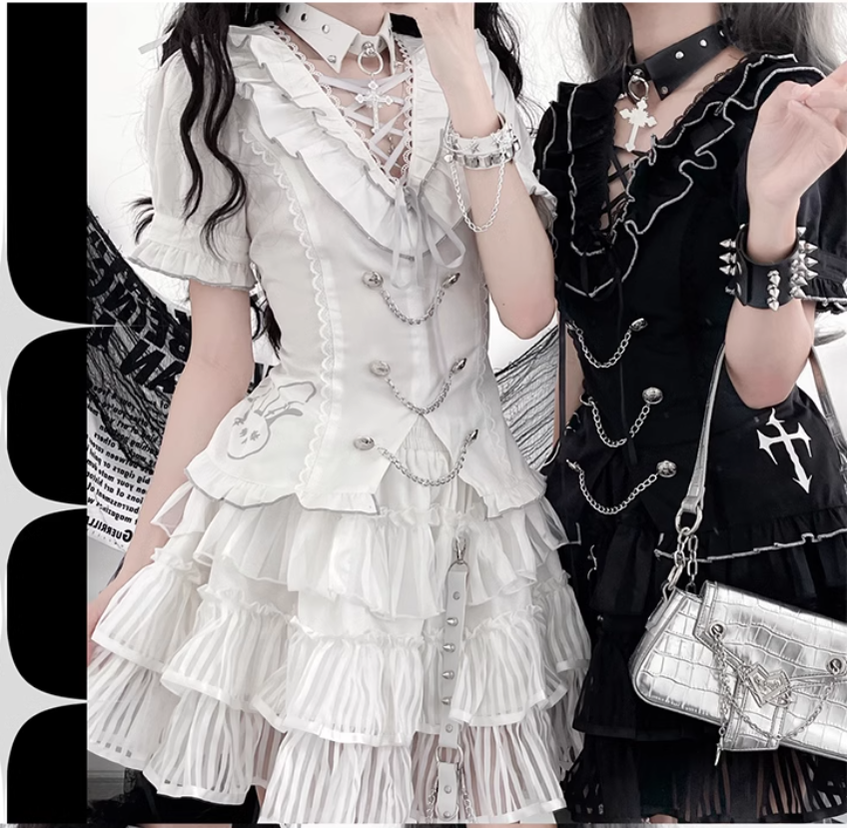 Jirai Kei Blouse And Skirt Set Black White Set 35326:499998 35326:499998