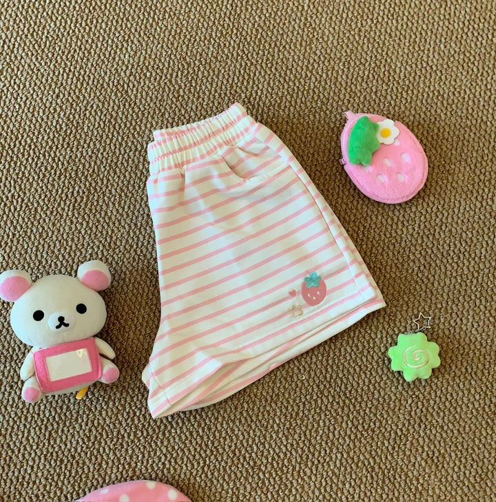 Summer Kawaii Striped Shorts, Strawberry Embroidery 45641:856709