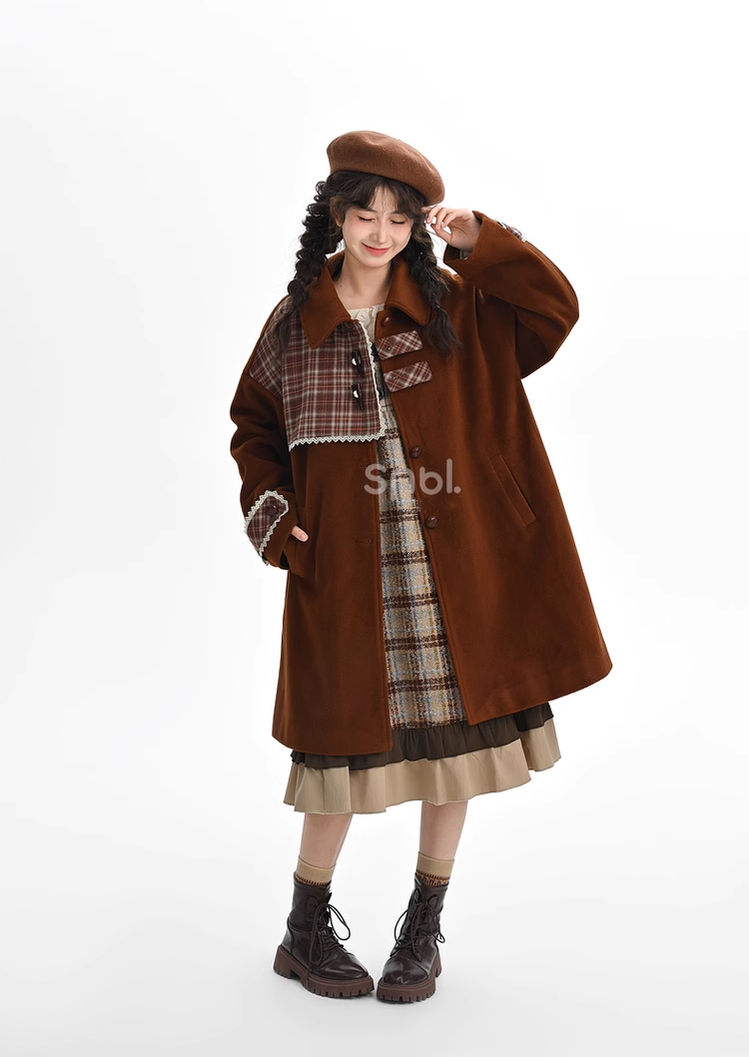 Mori Kei Coat Retro Brown Coat Mid-length Woolen Jacket 40266:654998