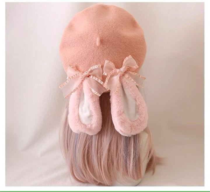 Jirai Kei Pink Hat Plush Rabbit Ear Bow Wool Beret (M) 33804:447138 (M) 33804:447138