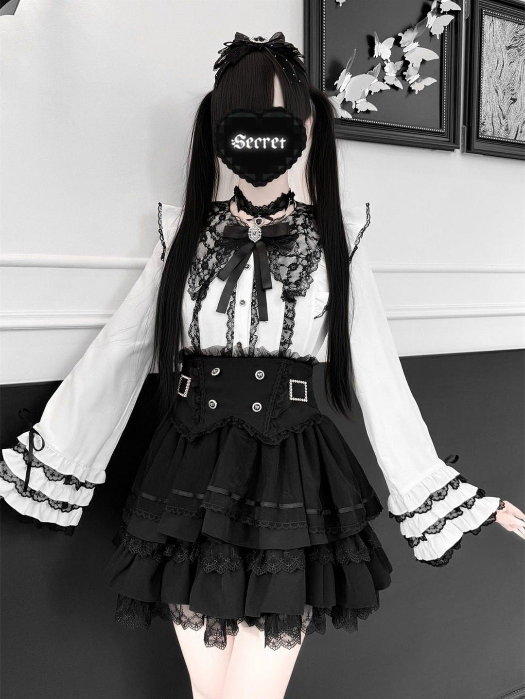 Jirai Kei Lace Blouse, High-Waist Tiered Skirt 44525:811453