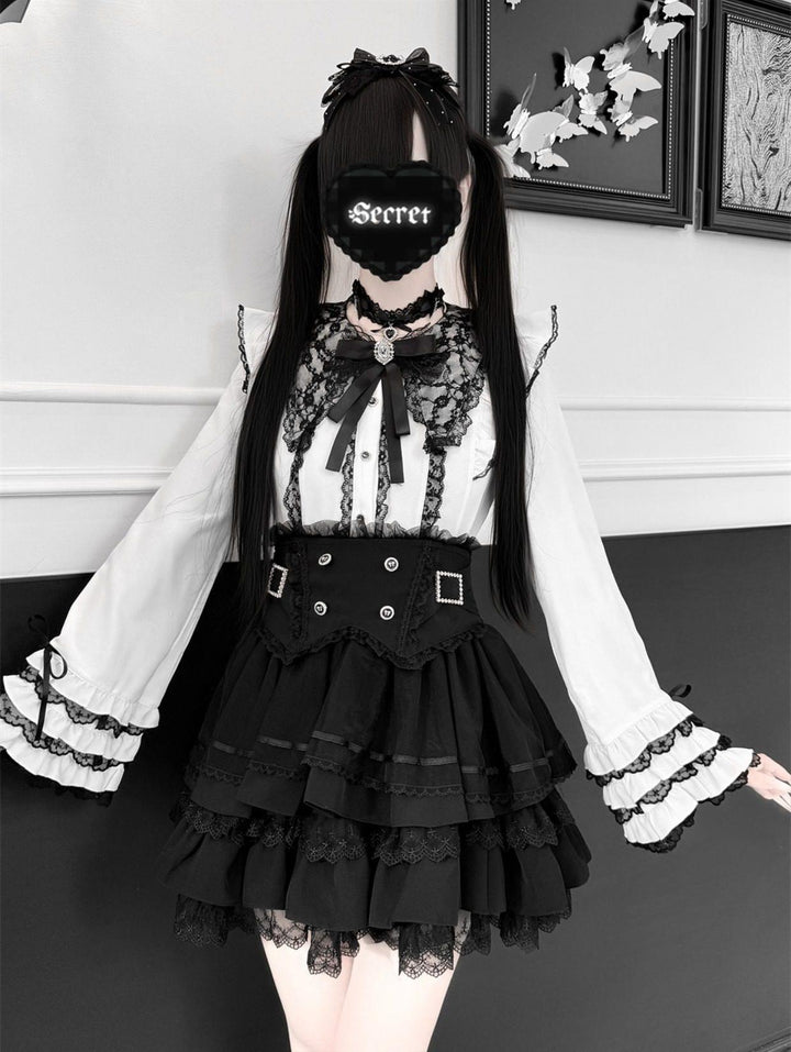 Jirai Kei Lace Blouse, High-Waist Tiered Skirt 44525:811453