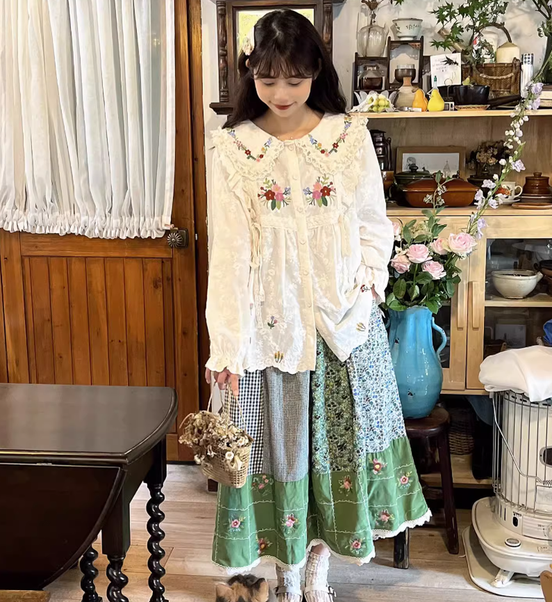 Mori Kei Skirt Green Floral Patchwork Skirt Vintage Skirt 36224:524932
