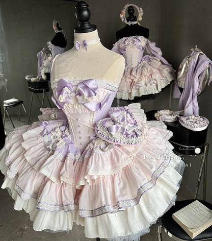 Lolita Dress Set Sweet Violet Pink Puffy Dress Corset Dress 36388:554910