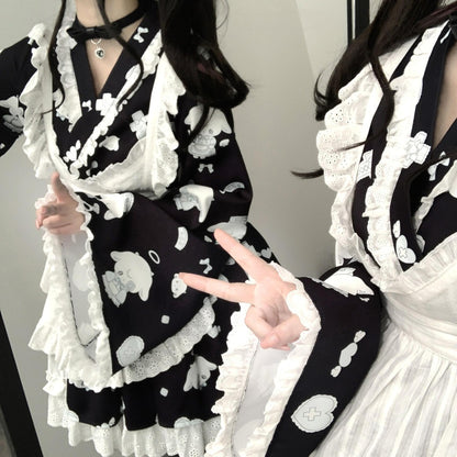 Tenshi Kaiwai Patchwork Skirt Kimono Top White Apron Three-Piece Set 36786:536954
