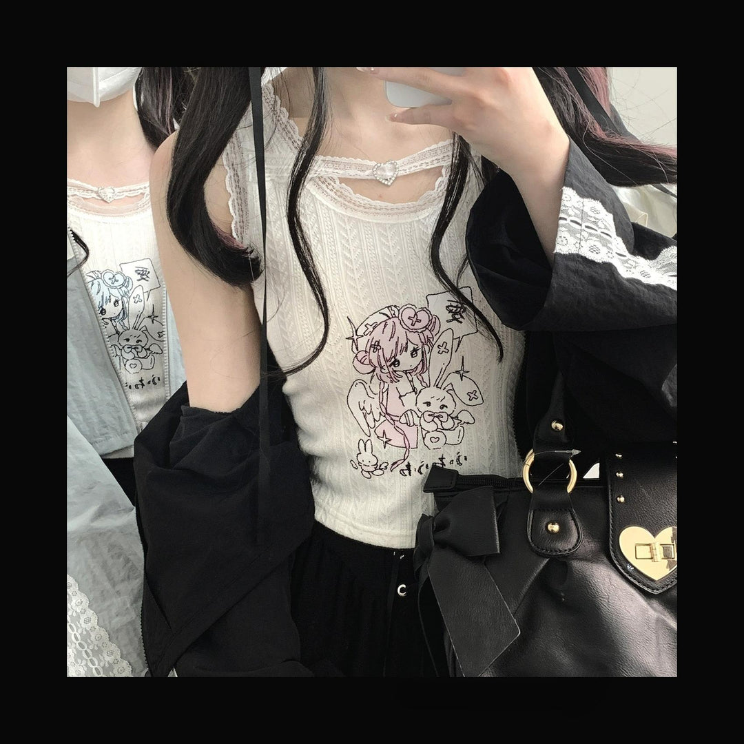 Jirai Kei Vest Lace White Top Anime Print Tank Top 36788:536490 36788:536490