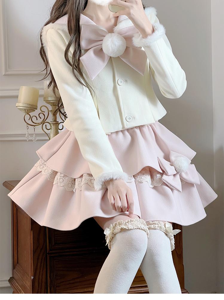 Ryousangata Beige Winter Coat Slim Pink Tiered Skirt 40880:690826