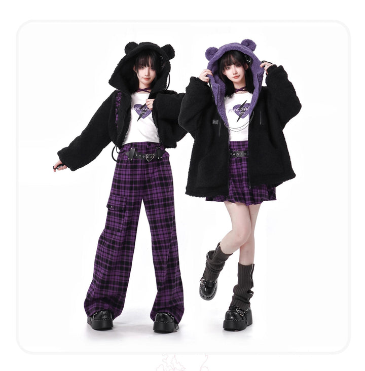 Jirai Kei Winter Coat Purple Black Outfit Sets Bear Ears Jacket 32572:421930 32572:421930