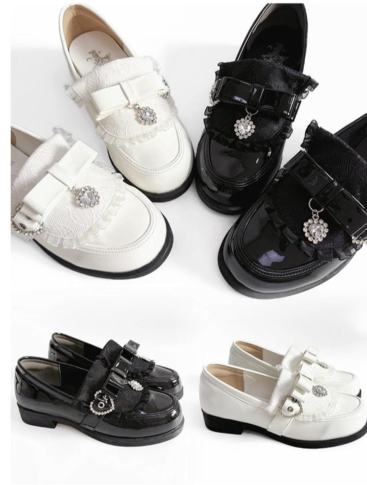 Jirai Kei Low-Heel Loafer Shoes, Rhinestones & Bow 43944:790336
