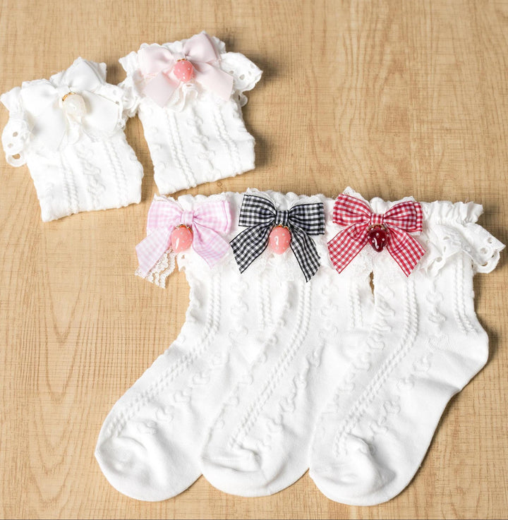 Ryousangata Plaid Bow Socks, Strawberry Pendant 45962:870235