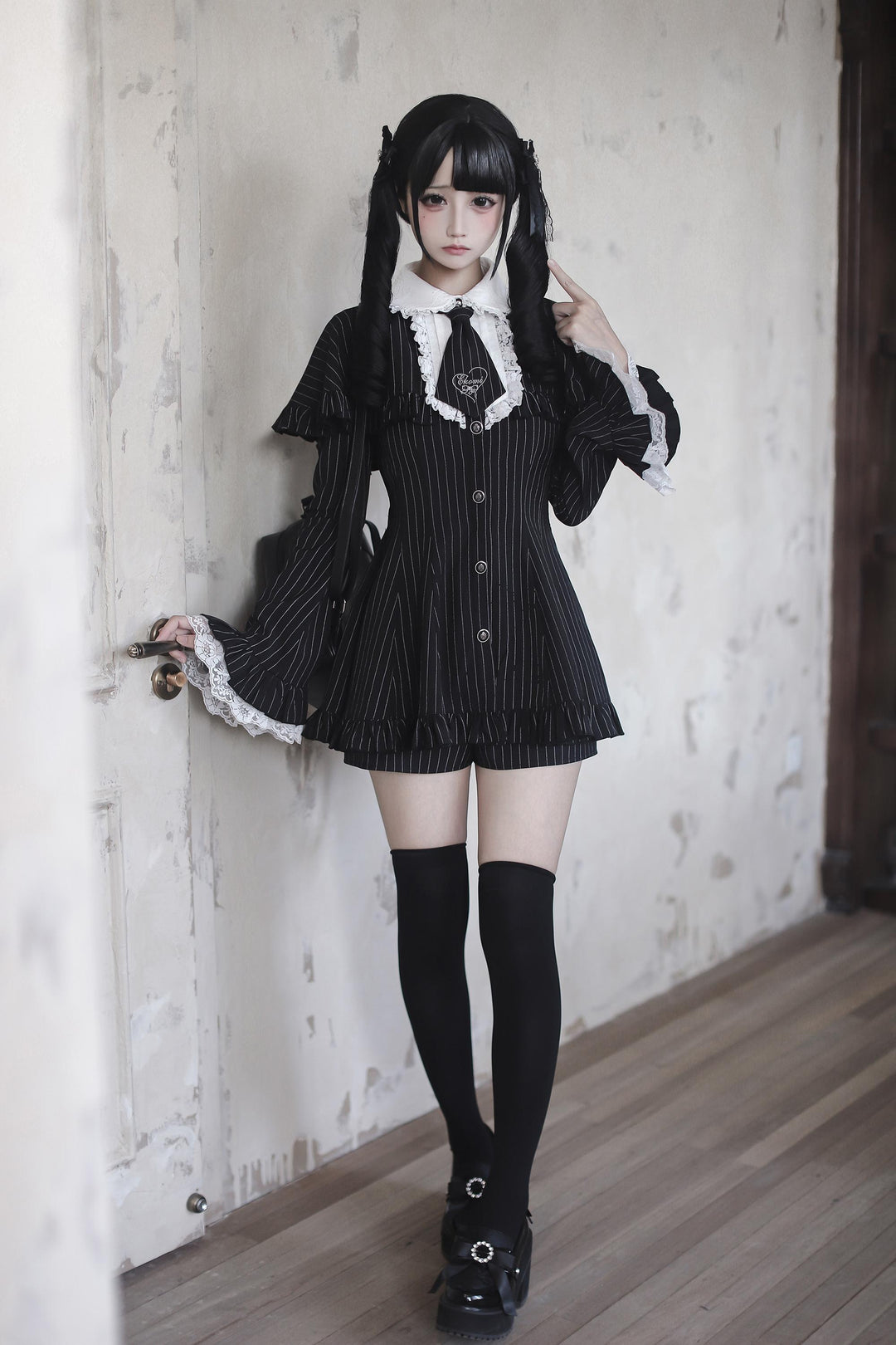 Jirai Kei Cape Dress Set, Detachable Embroidered Tie 44586:814417