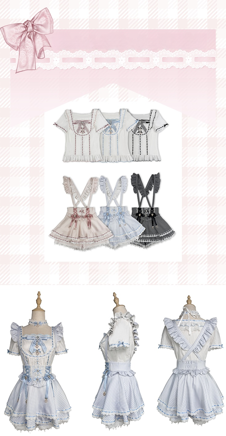 Jirai Kei Cotton Shirt, High-Waisted Suspender Skirt 45267:845255