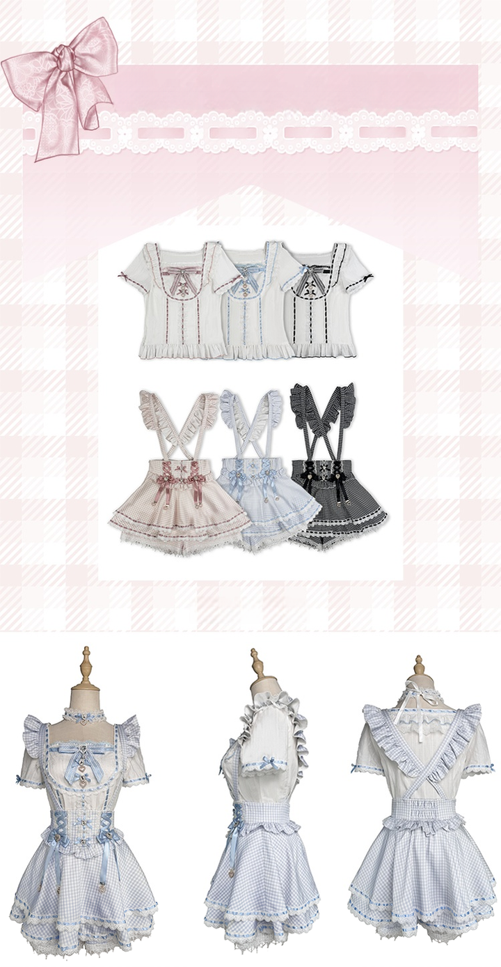 Jirai Kei Cotton Shirt, High-Waisted Suspender Skirt 45267:845255