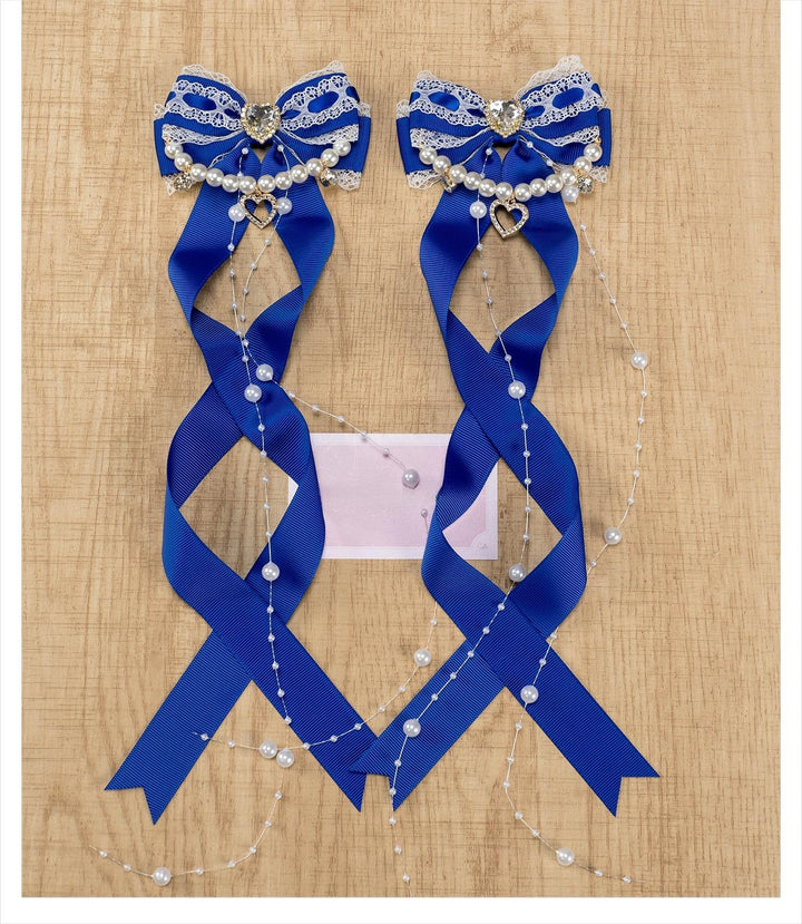 Jirai Kei Bow Hair Clip, Heart Rhinestone, Pearl Chain, Lace Trim (Pair) 43501:778534