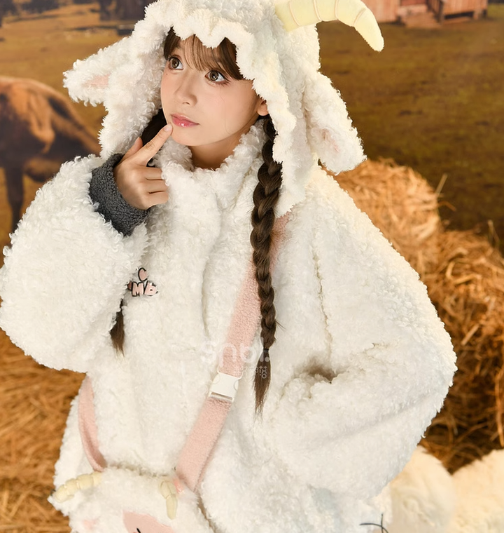 Mori Kei White Winter Jacket Little Sheep Fleece Coat 22696:328694 22696:328694