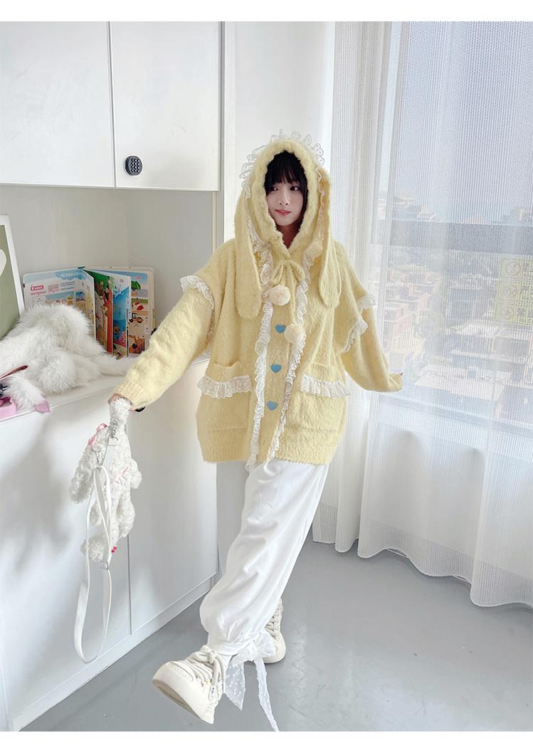 Kawaii Coat Sweater Bunny Ear Lace Knitted Hooded Cardigan 40338:665390