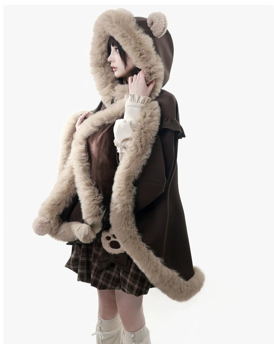 Winter Plaid Suspender Bubble Skirt, Bear Ear Plush Cape 45991:872206