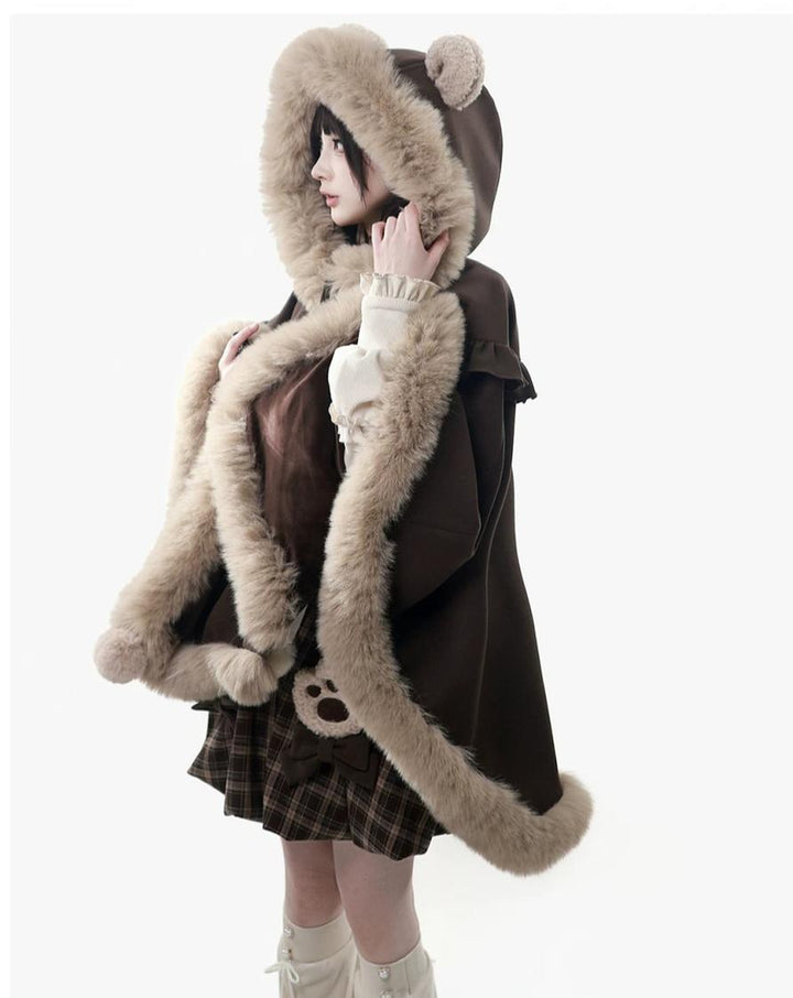 Winter Plaid Suspender Bubble Skirt, Bear Ear Plush Cape 45991:872206