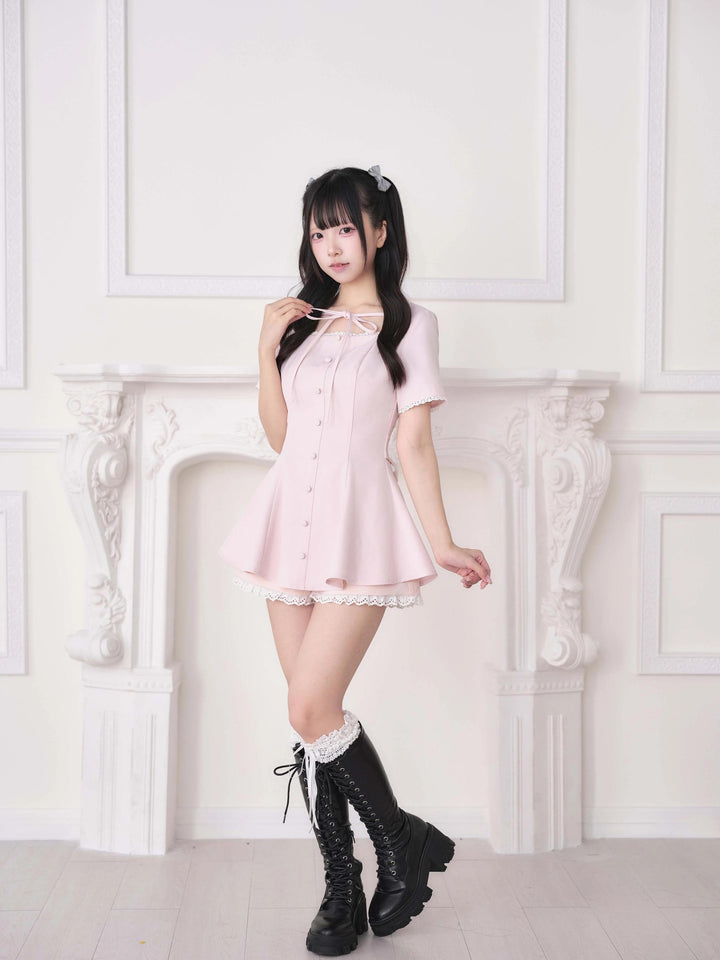 Ryousangata Lace Trim Dress & Elastic Shorts Set 45835:864528