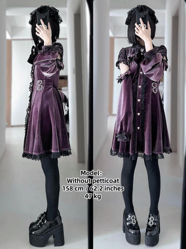 Jirai Kei Dress Velvet Open Shoulder Long-Sleeved Dress (L M S XL) 41316:691990