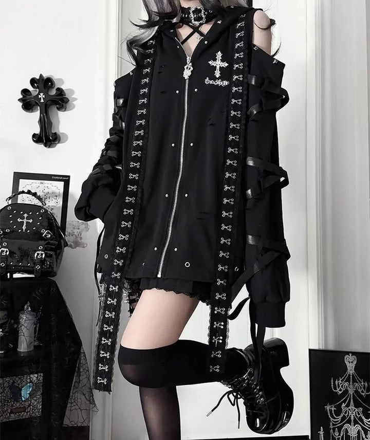 Gothic Open-Shoulder Hoodie Jacket with Devil Horns 46063:875489